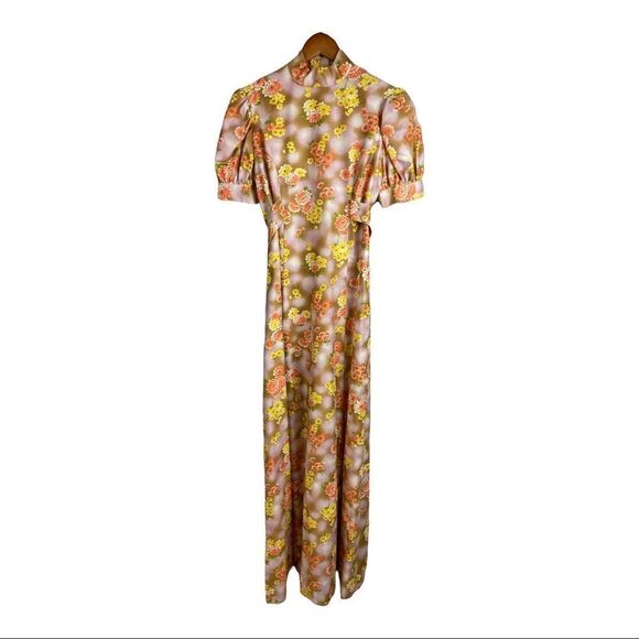 Vintage 60s Daisy Floral Puff Sleeve Mock Neck Bow Waist Belt Maxi Dress - Picture 8 of 10